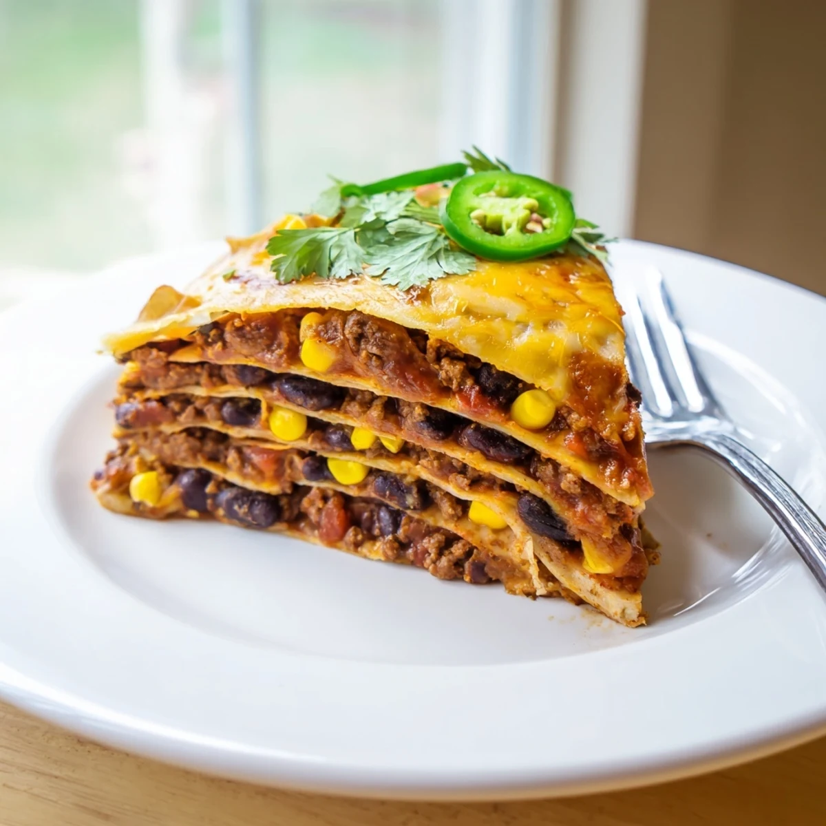 Golden bubbly Mexican lasagna with layers of seasoned beef, beans, and melted cheese