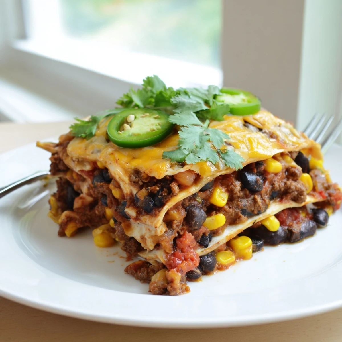 Mexican lasagna fresh from the oven with gooey cheese and colorful garnishes
