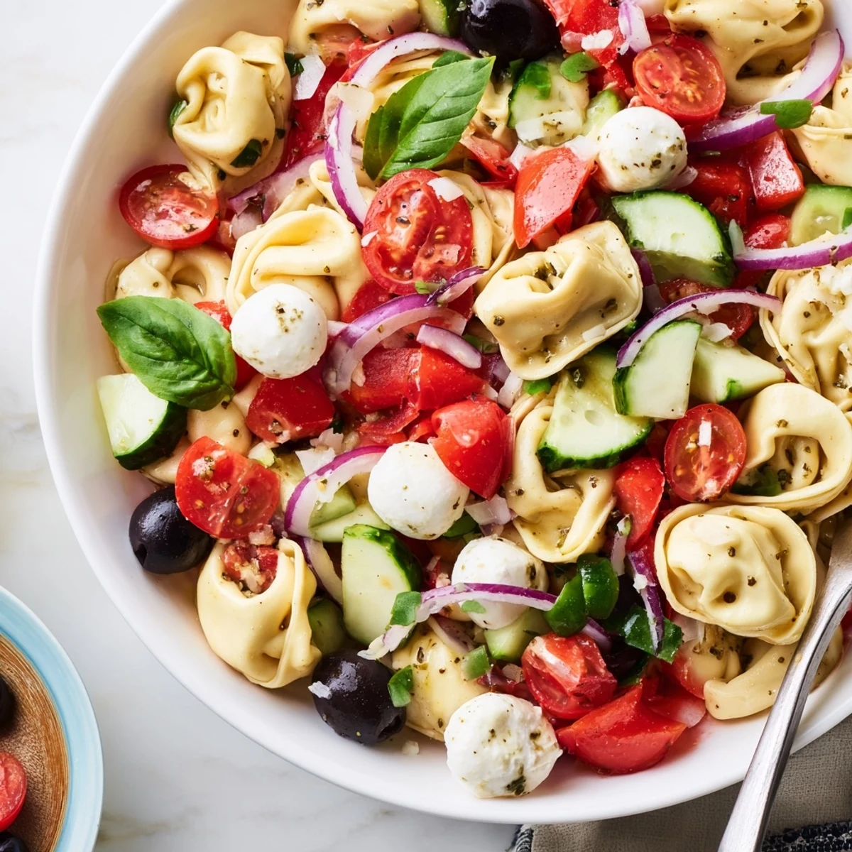 Creamy cheese tortellini salad tossed with crisp vegetables and zesty vinaigrette in bowl