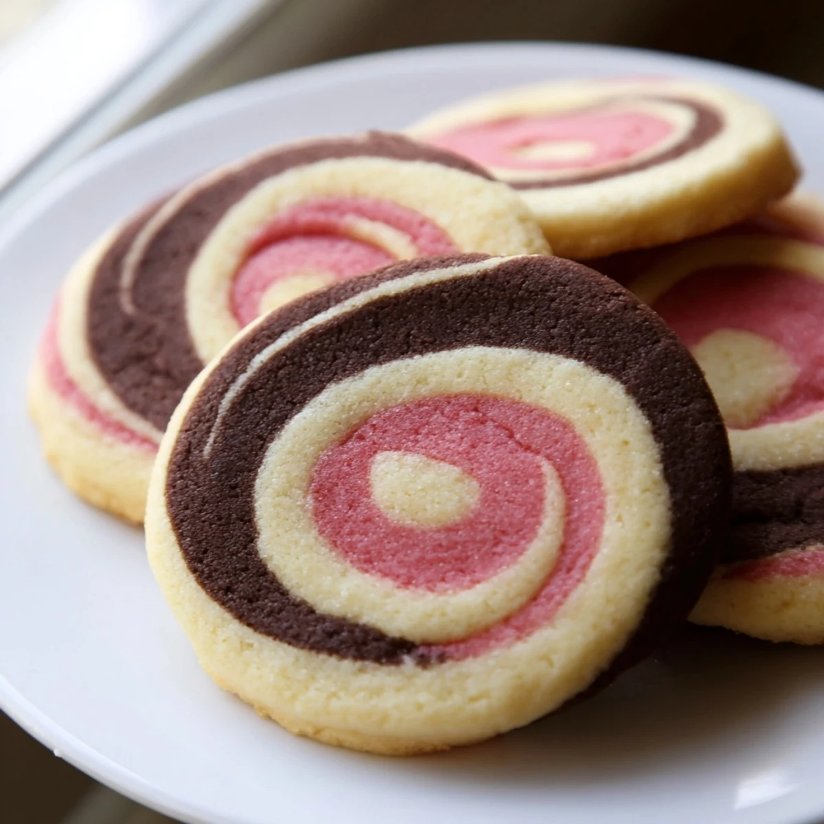 Neapolitan Swirl Cookies showing pink, brown, and cream spirals arranged on a rustic white baking sheet