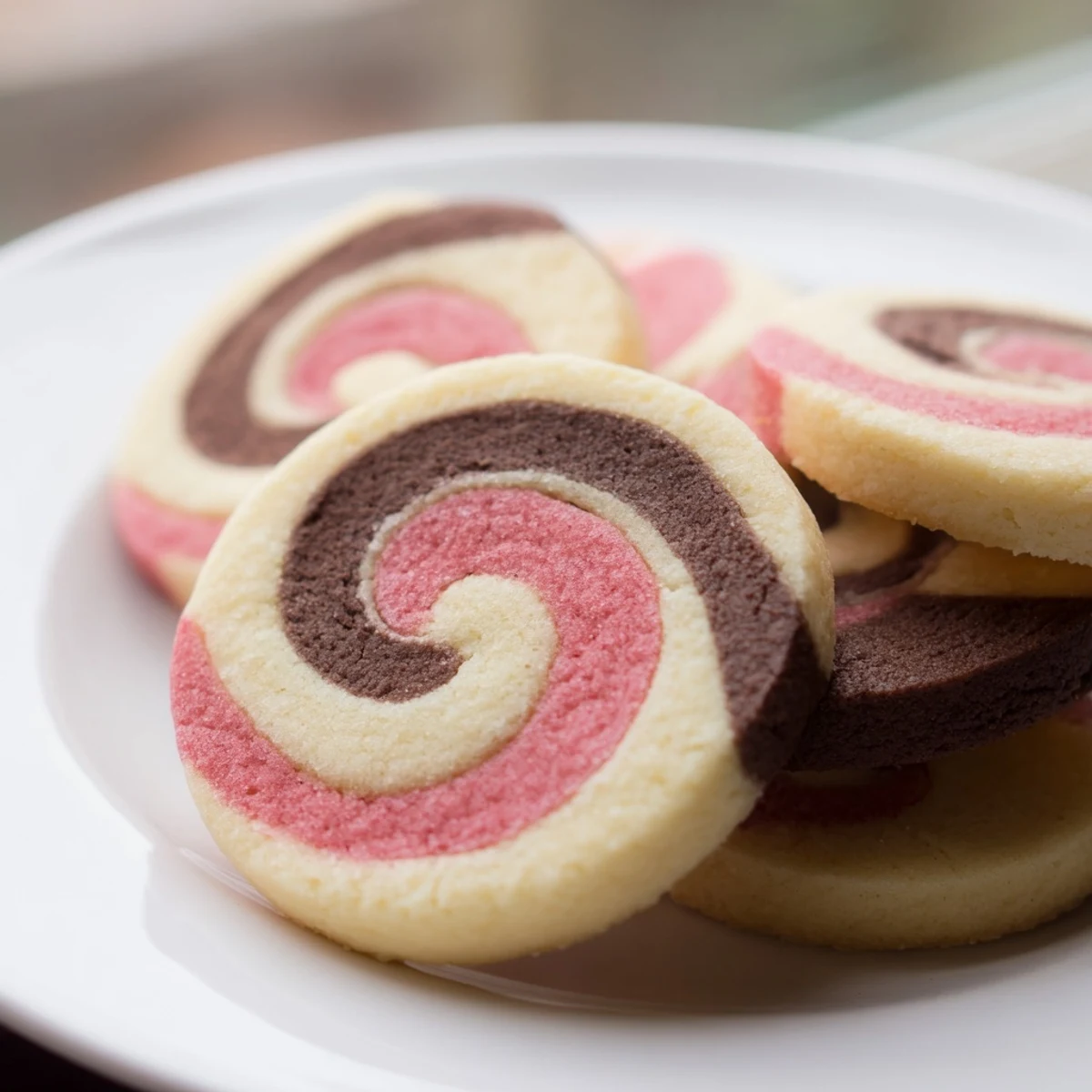 Colorful Neapolitan Swirl Cookies with chocolate vanilla and strawberry layers sliced to reveal tight decorative spirals