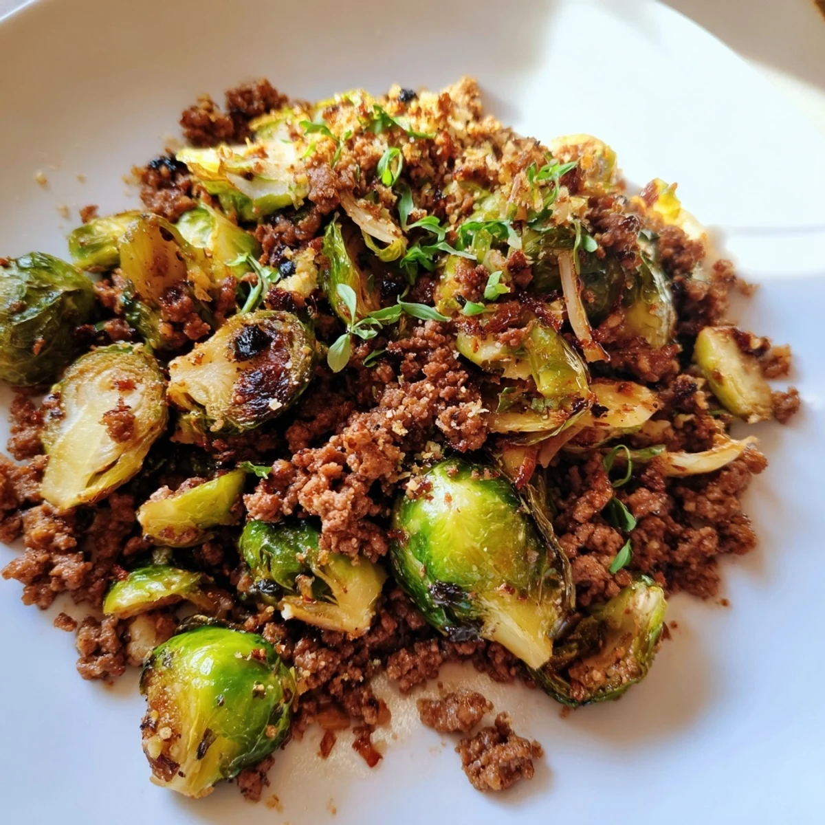 Golden seared ground beef and Brussels sprouts sizzle in a cast iron skillet