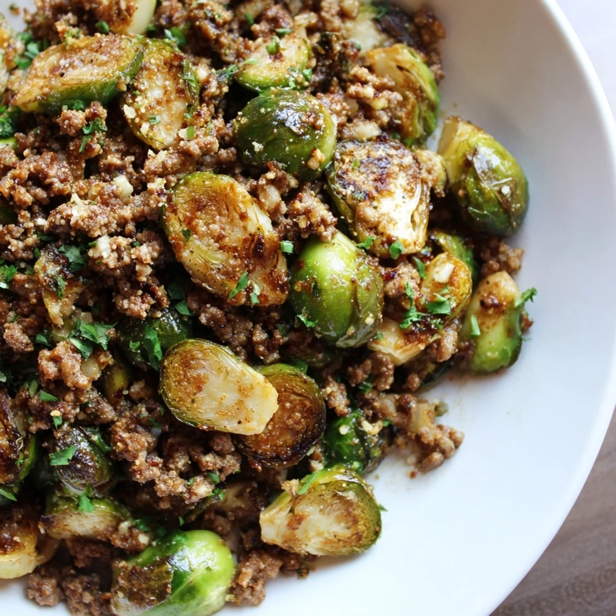 Browned ground beef mixed with caramelized Brussels sprouts ready for weeknight dinner