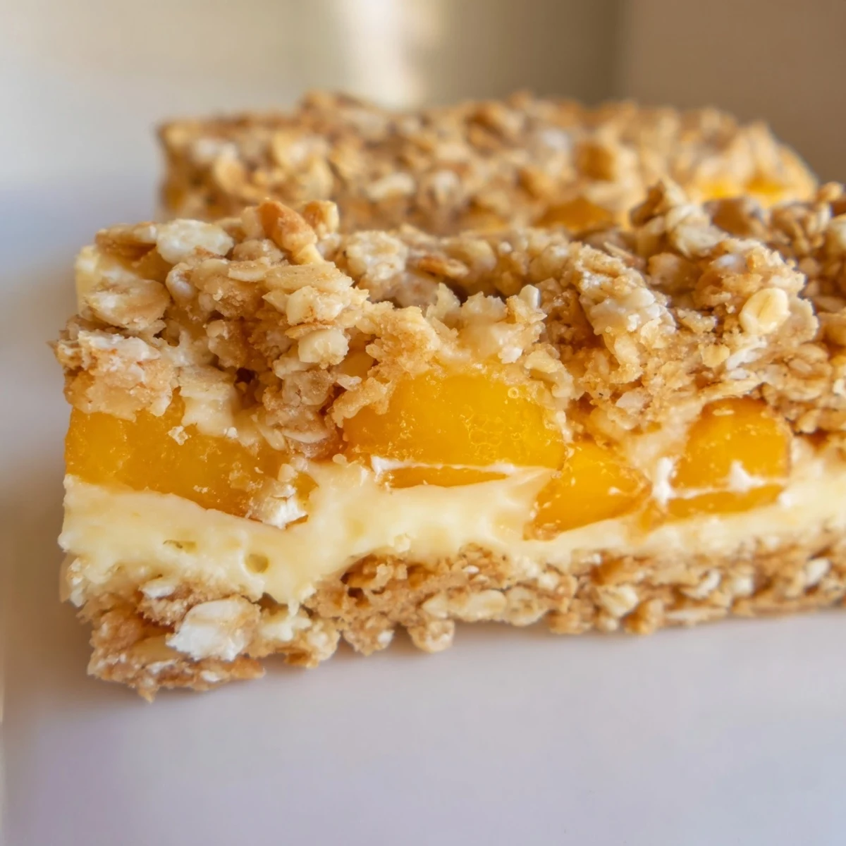 Golden Peaches and Cream Crumble Bars sliced and arranged on a rustic wooden cutting board