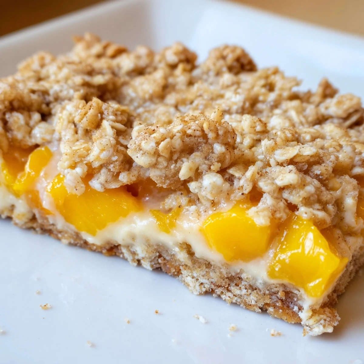 Close-up of Peaches and Cream Crumble Bars showing buttery oat topping and creamy peach filling