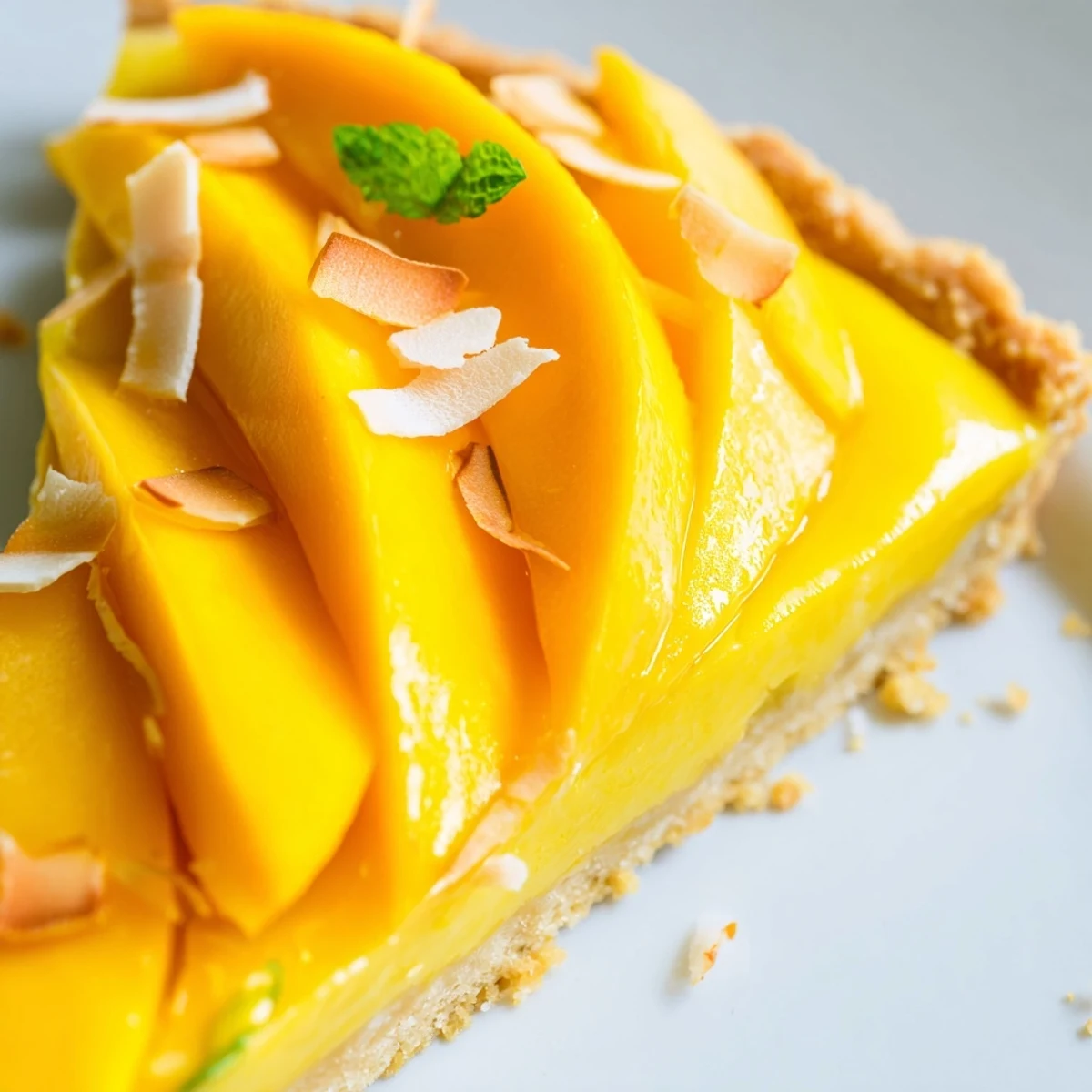 Golden Mango Curd Tart sliced and topped with fresh mango slices and mint leaves