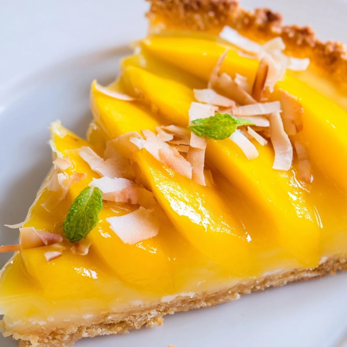 Smooth yellow mango curd fills a crisp buttery tart crust garnished with toasted coconut