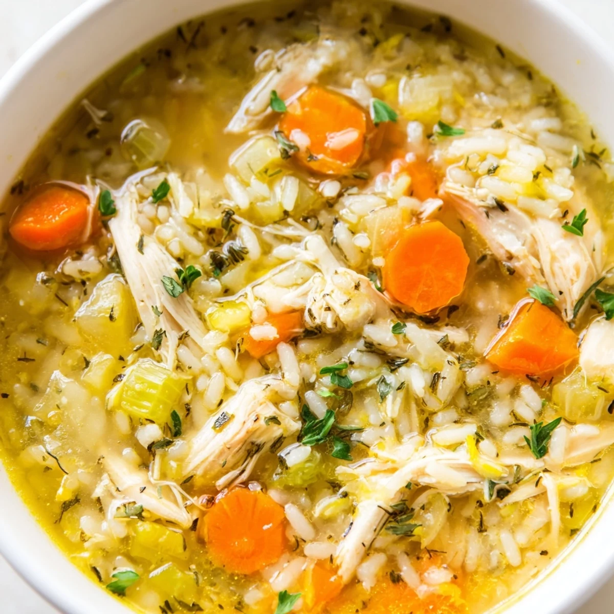 Steaming bowl of Crockpot Lemon Chicken Soup with shredded chicken and bright herbs