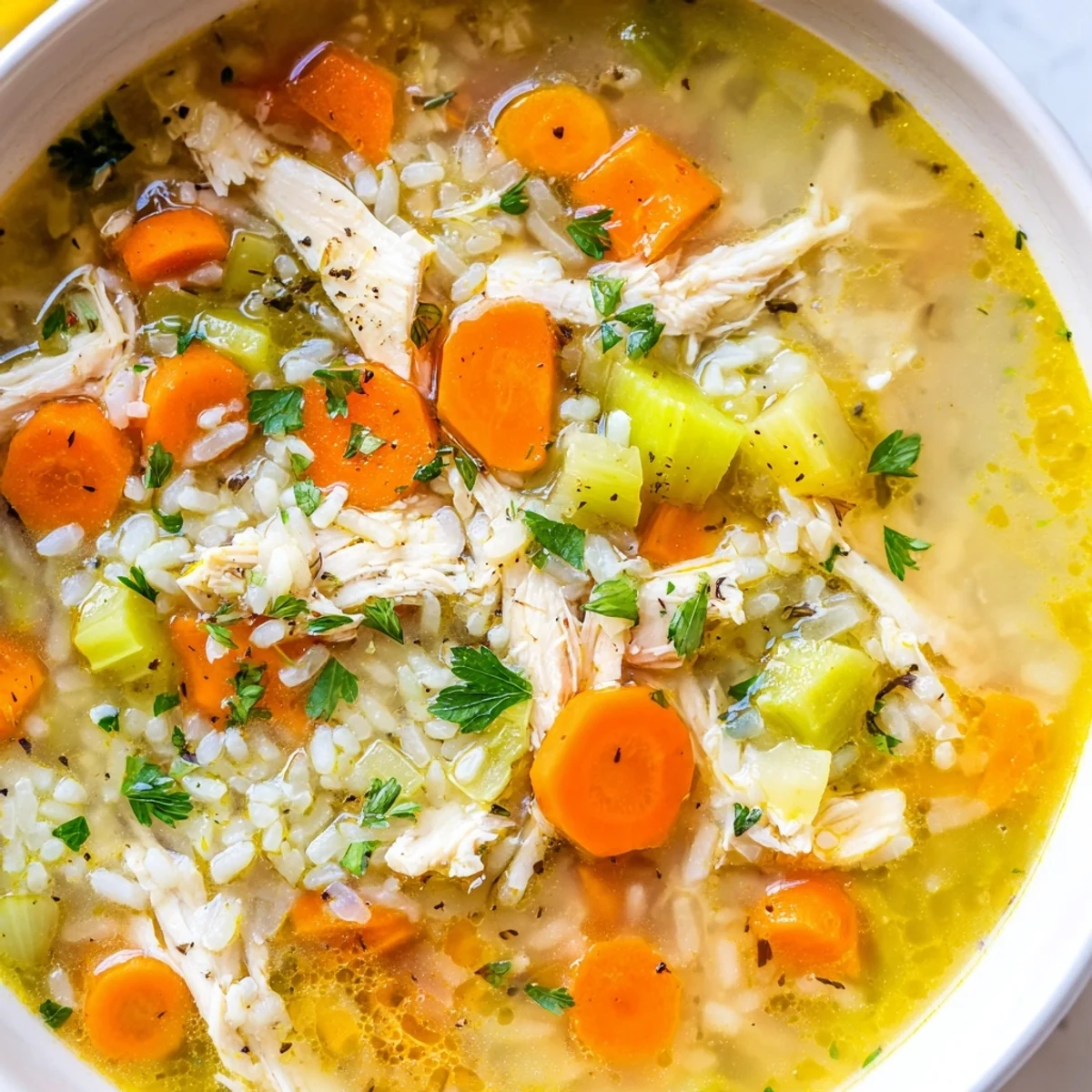Golden Crockpot Lemon Chicken Soup featuring tender carrots celery and fresh parsley