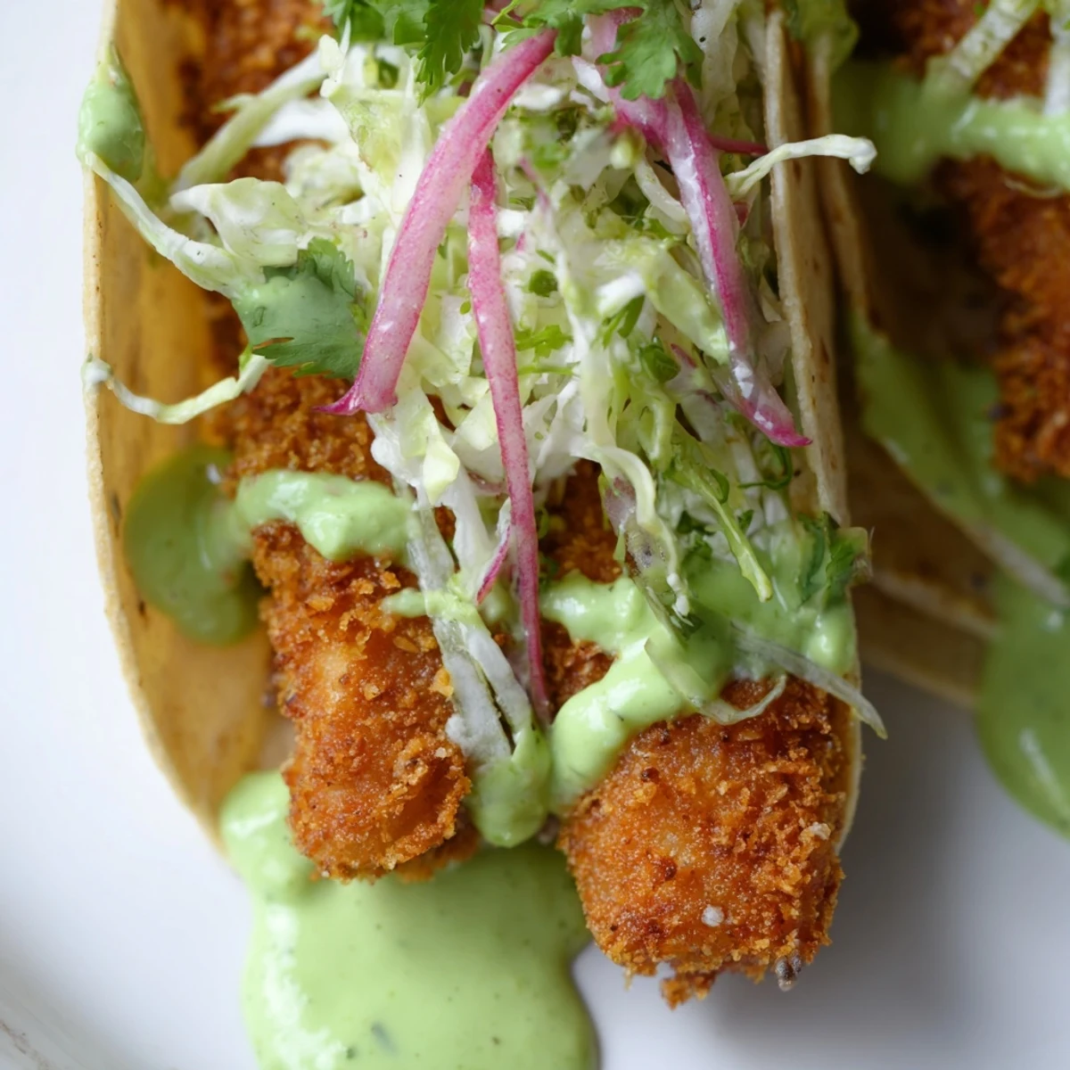 Crispy golden Baja fish tacos topped with fresh cabbage slaw and creamy avocado crema drizzle