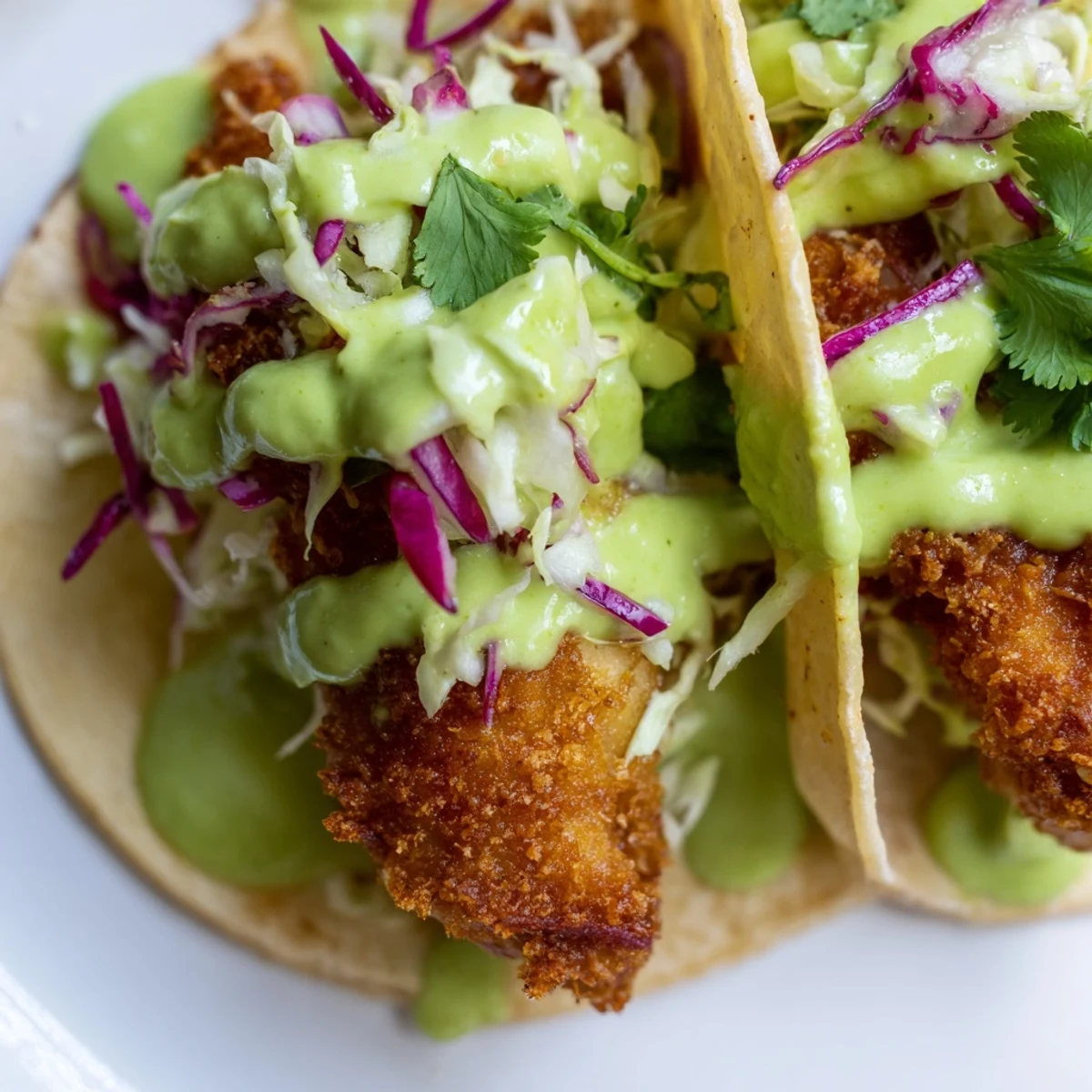Baja fish tacos in warm corn tortillas with crunchy slaw and tangy green avocado sauce