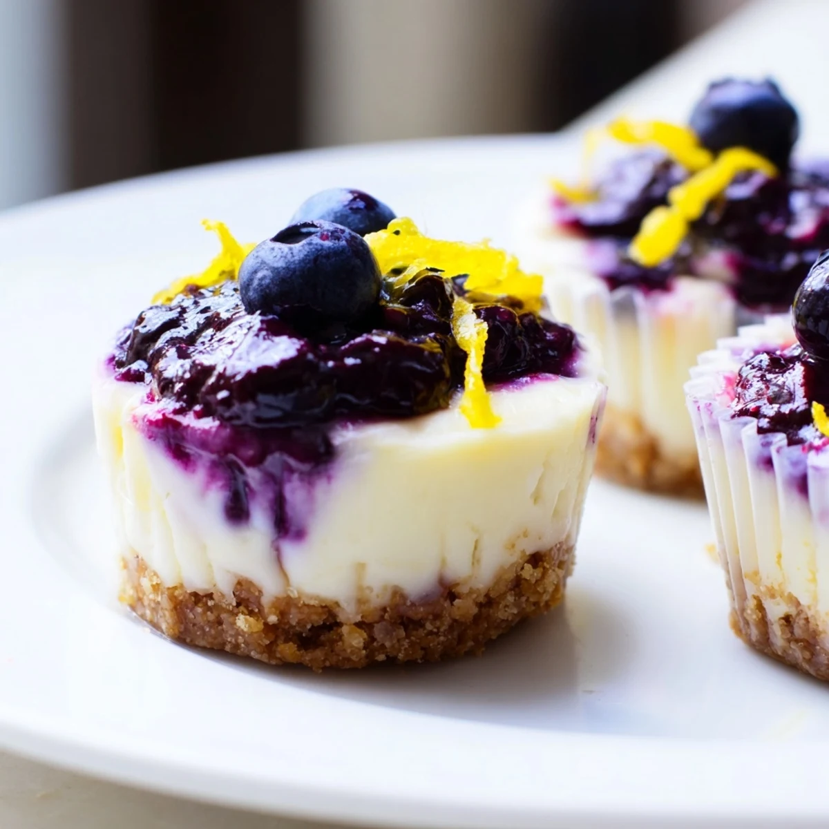 Creamy mini lemon blueberry cheesecakes with golden graham crusts and fresh berry garnish