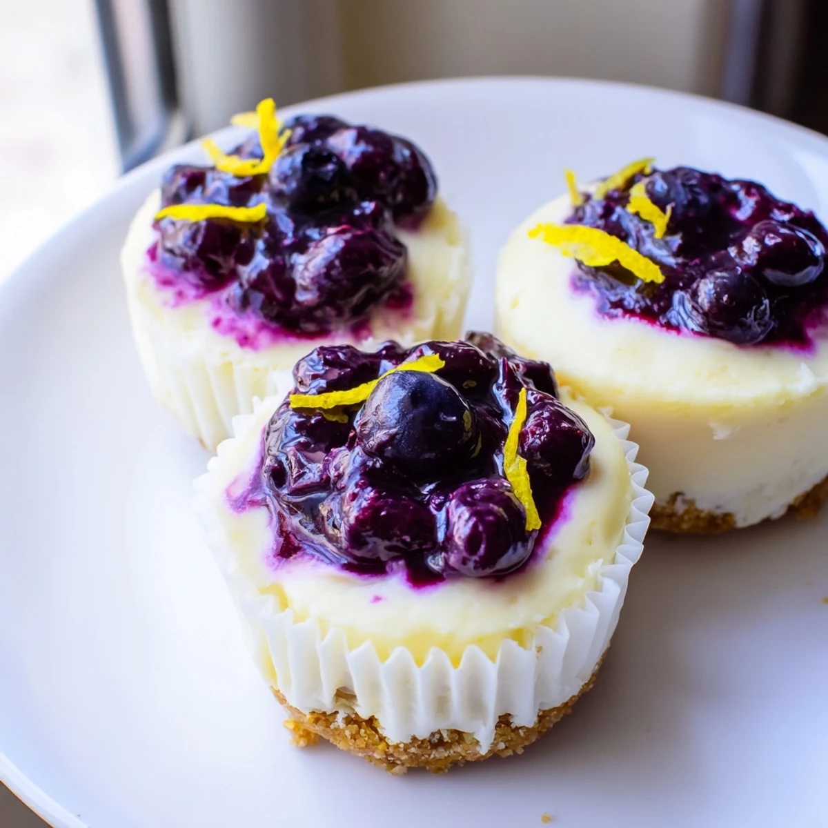 Individual mini lemon blueberry cheesecakes swirled with tangy fruit sauce, chilled and ready to serve