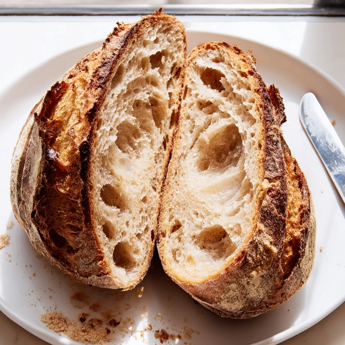 Golden sourdough bread loaf with a crackly crust resting on a rustic cutting board