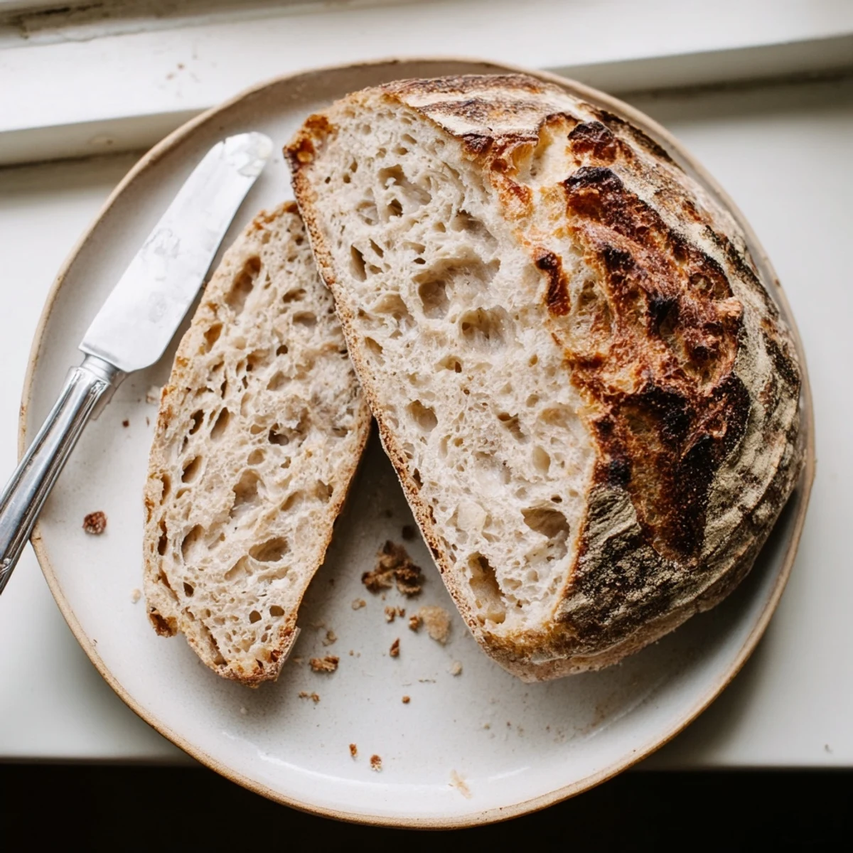 Thick slice of homemade sourdough bread revealing an airy, chewy crumb inside