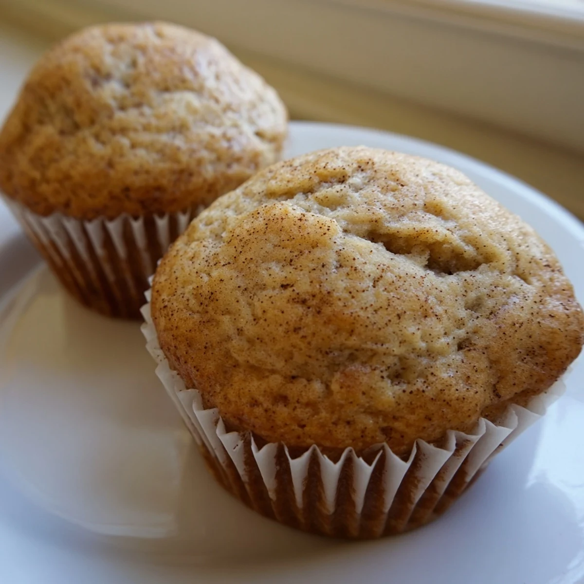 Golden banana muffins with crackly tops fresh from the oven on a wire rack