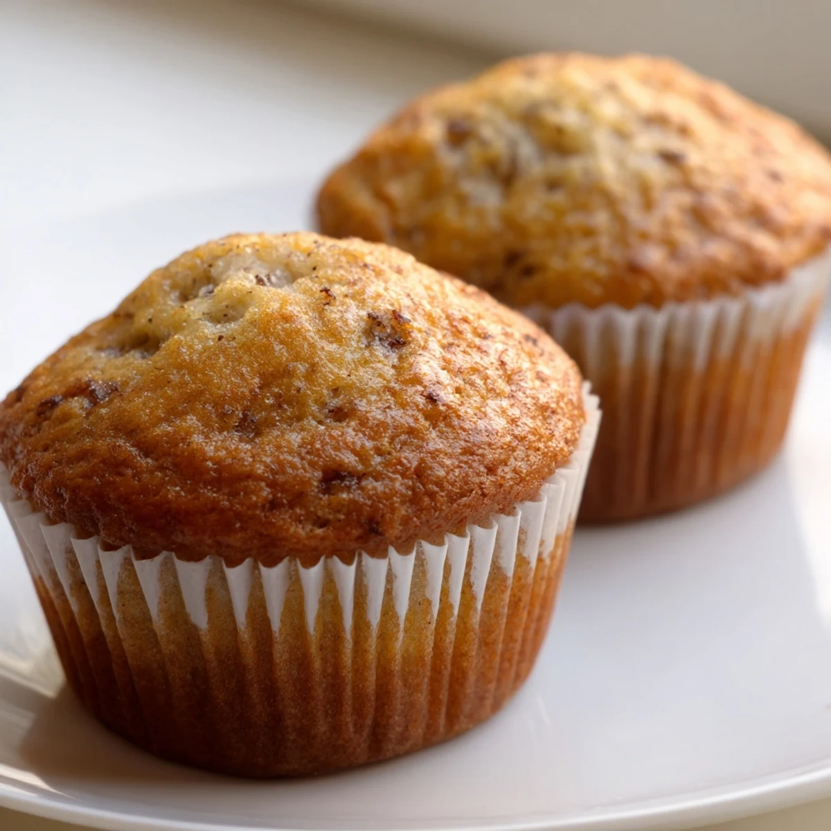 Soft moist banana muffins nestled in paper liners dusted with warm cinnamon sugar