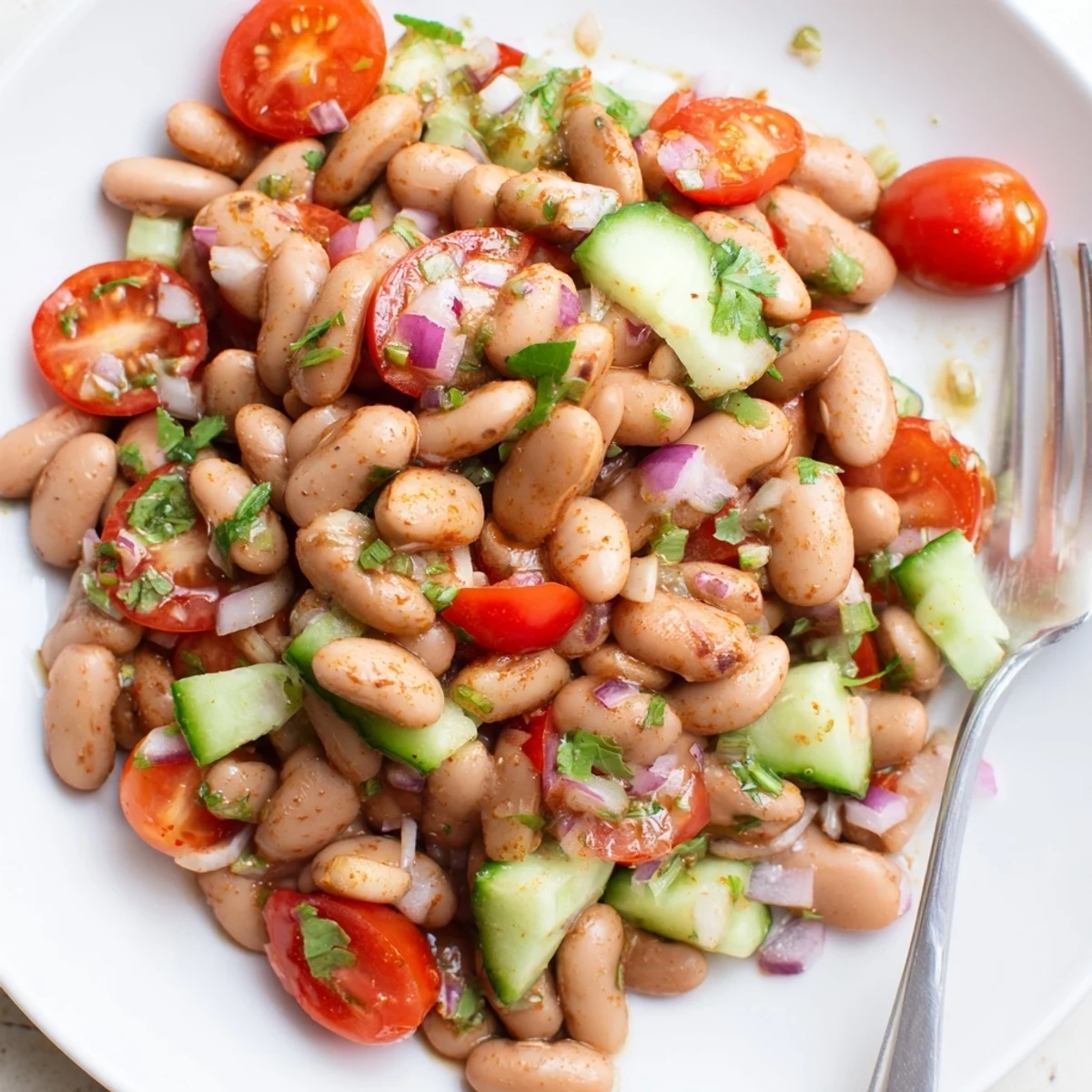Colorful pinto bean salad tossed with crisp veggies and bright lime dressing
