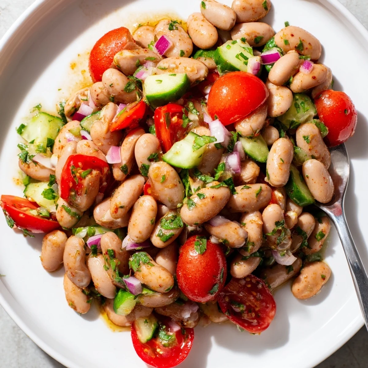 Chilled pinto bean salad featuring cherry tomatoes, diced cucumber, and zesty vinaigrette