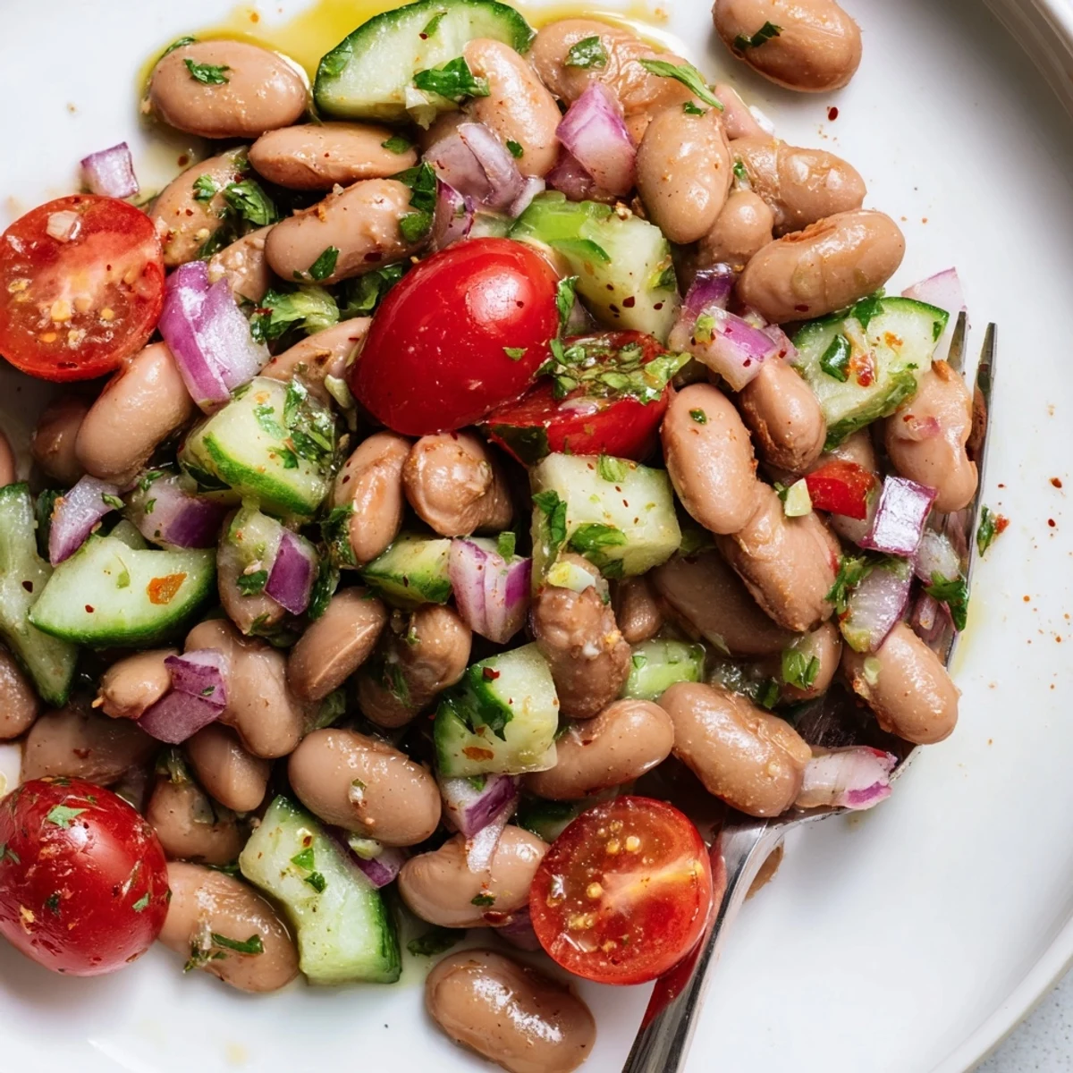 Hearty pinto bean salad in a rustic bowl garnished with fresh cilantro leaves