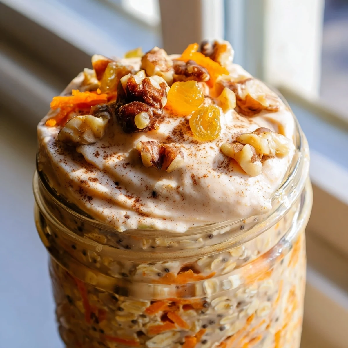 Creamy carrot cake overnight oats topped with walnuts and a swirl of frosting in a glass jar