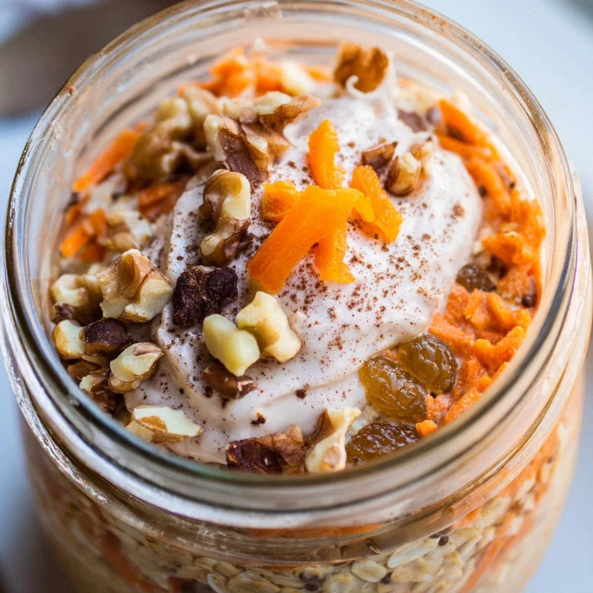 Thick carrot cake overnight oats layered with grated carrots, raisins, and spices in a mason jar