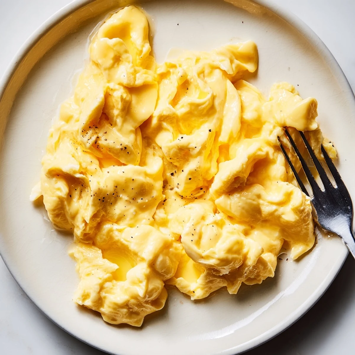 Creamy scrambled eggs piled on a plate with buttery toast and fresh herbs