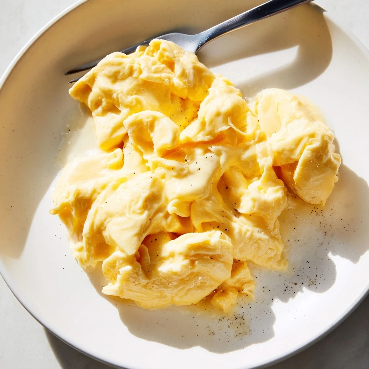 Fluffy scrambled eggs gently cooked in butter served in a warm skillet