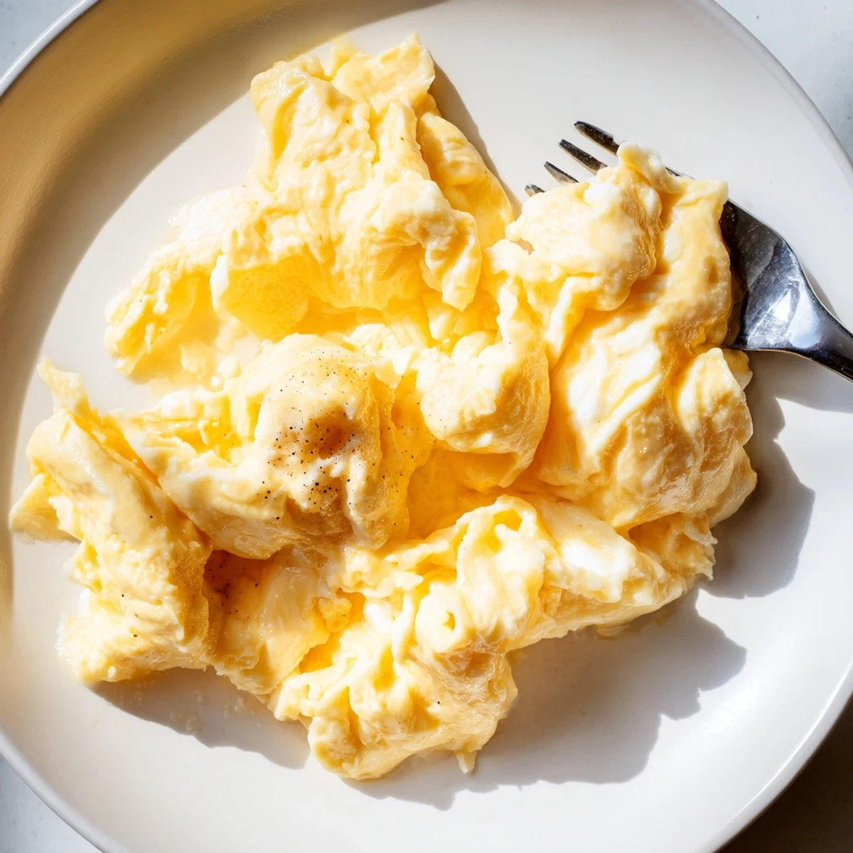 Golden scrambled eggs with soft curds topped with cracked pepper and chives