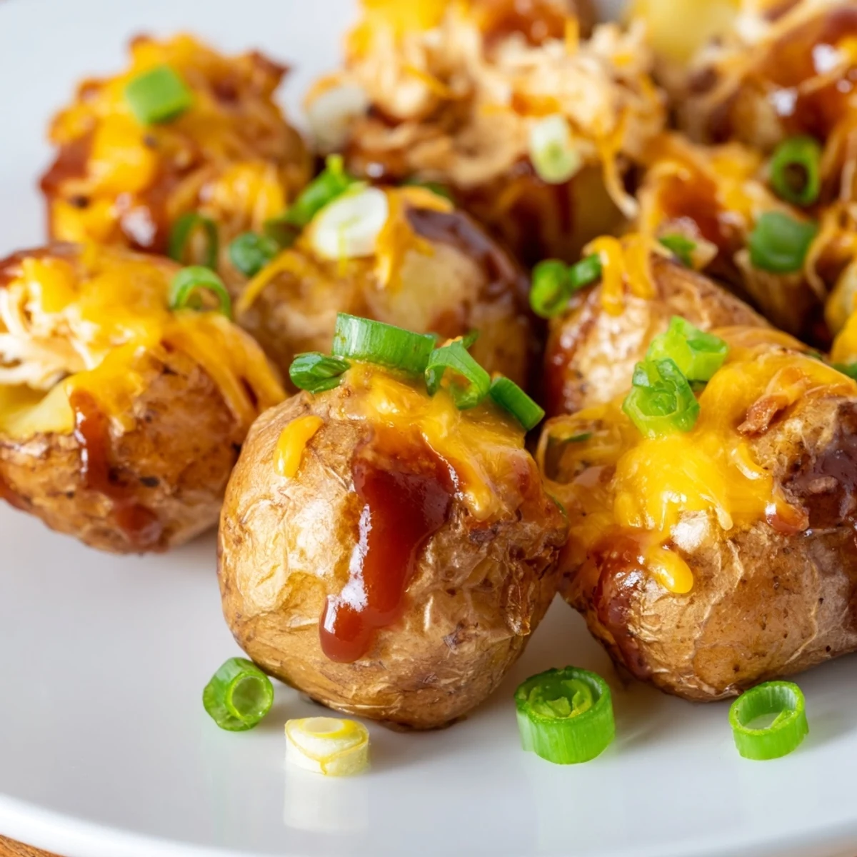 Golden roasted baby potatoes layered with shredded honey BBQ chicken and melted cheddar