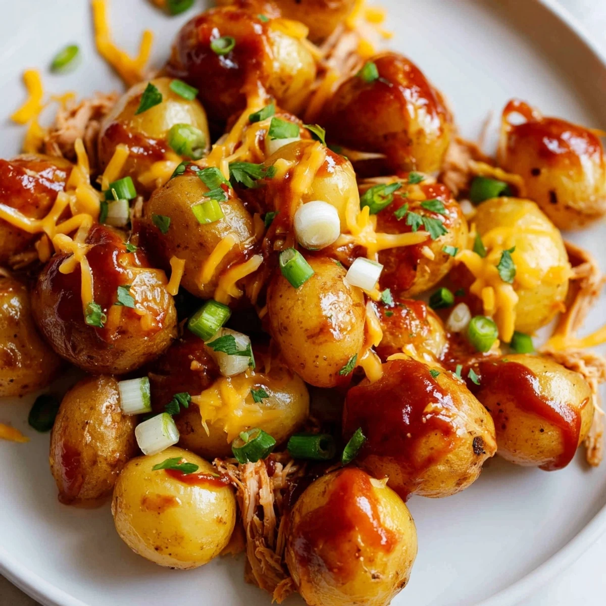 Honey BBQ chicken and cheese bubbling over tender crispy potatoes in an oven dish