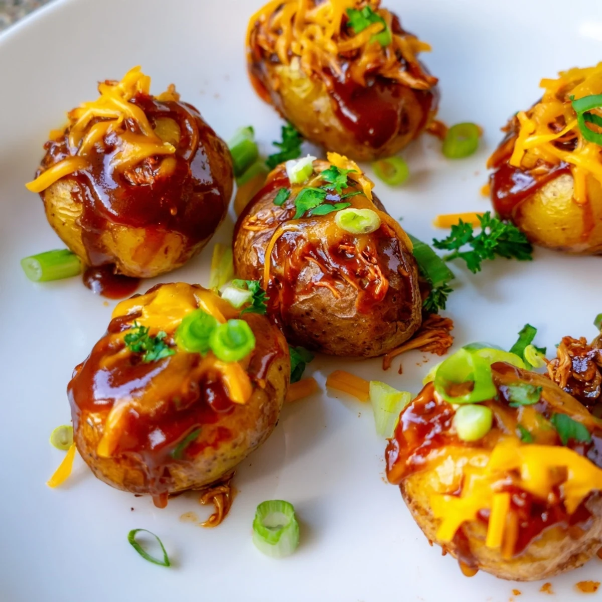 Sliced honey BBQ chicken resting on fluffy roasted potatoes topped with green onions