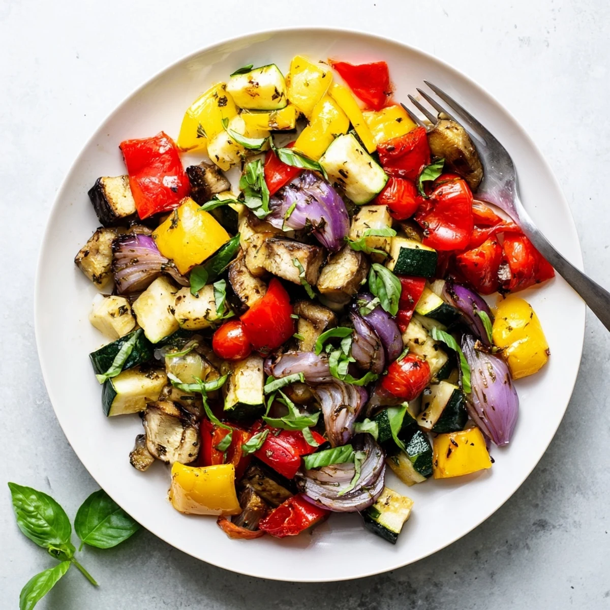 Golden caramelized classic Mediterranean roasted vegetables piled on a rustic ceramic platter