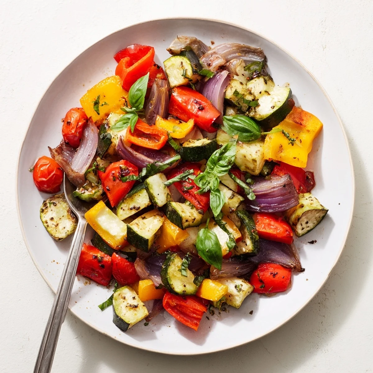 Tender herb-garlic classic Mediterranean roasted vegetables scattered with fresh green basil leaves