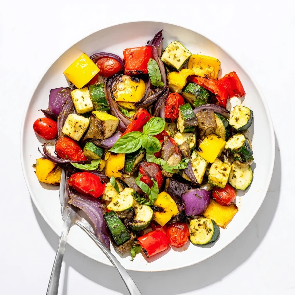 Colorful classic Mediterranean roasted vegetables with charred edges served warm on parchment