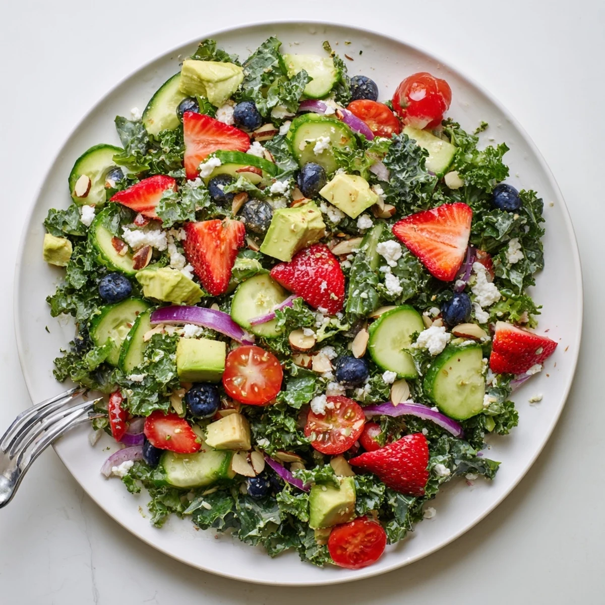 A generous portion of summer kale salad drizzled with golden lemon-honey dressing and fresh berries.