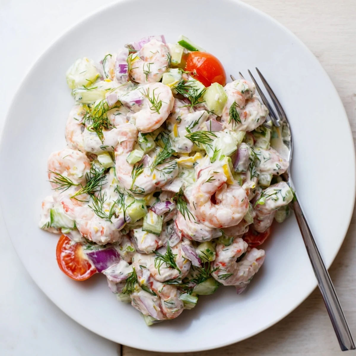 Zesty shrimp salad recipe with crisp celery, dill, and creamy lemon dressing