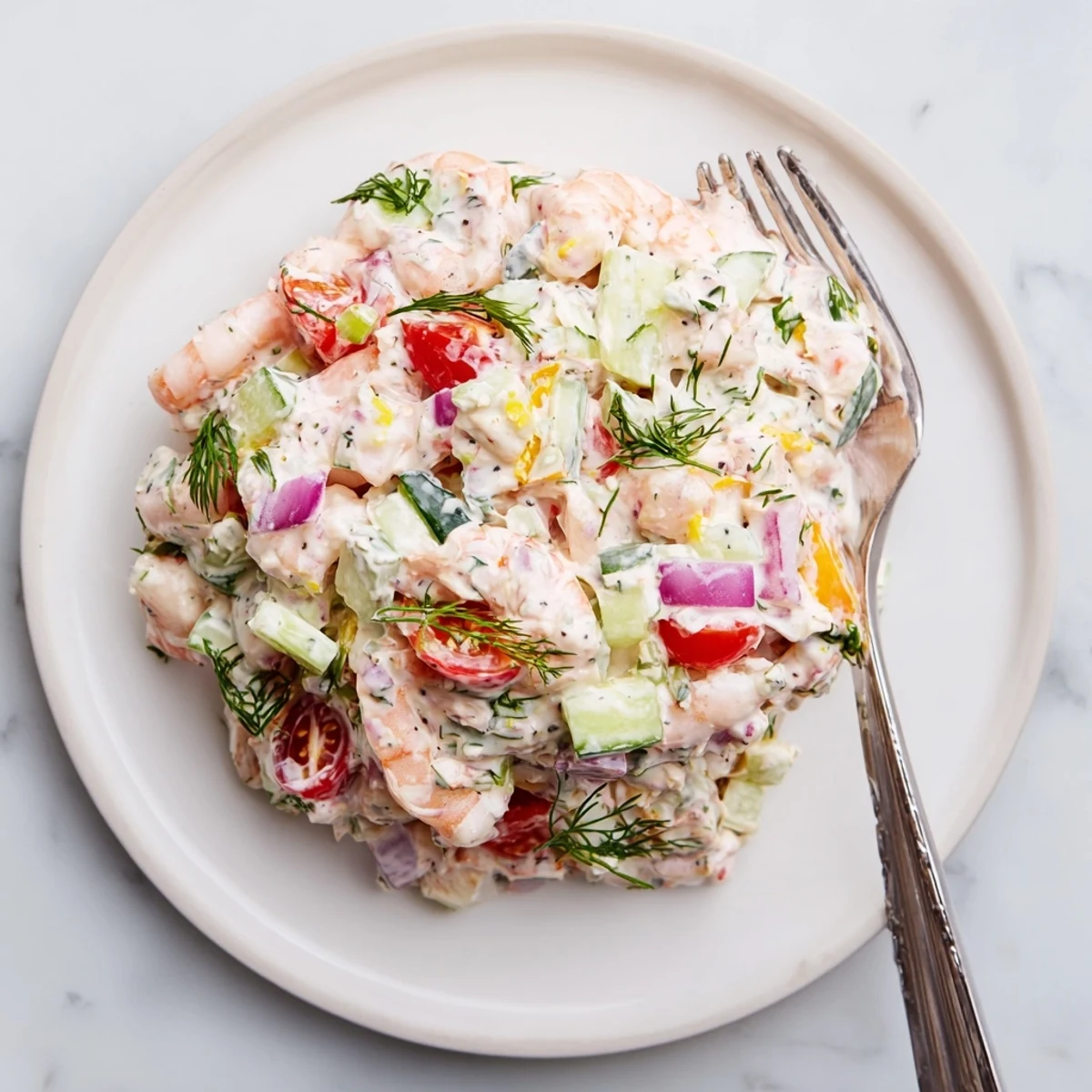 Pink shrimp salad recipe served chilled on leafy greens with cherry tomatoes