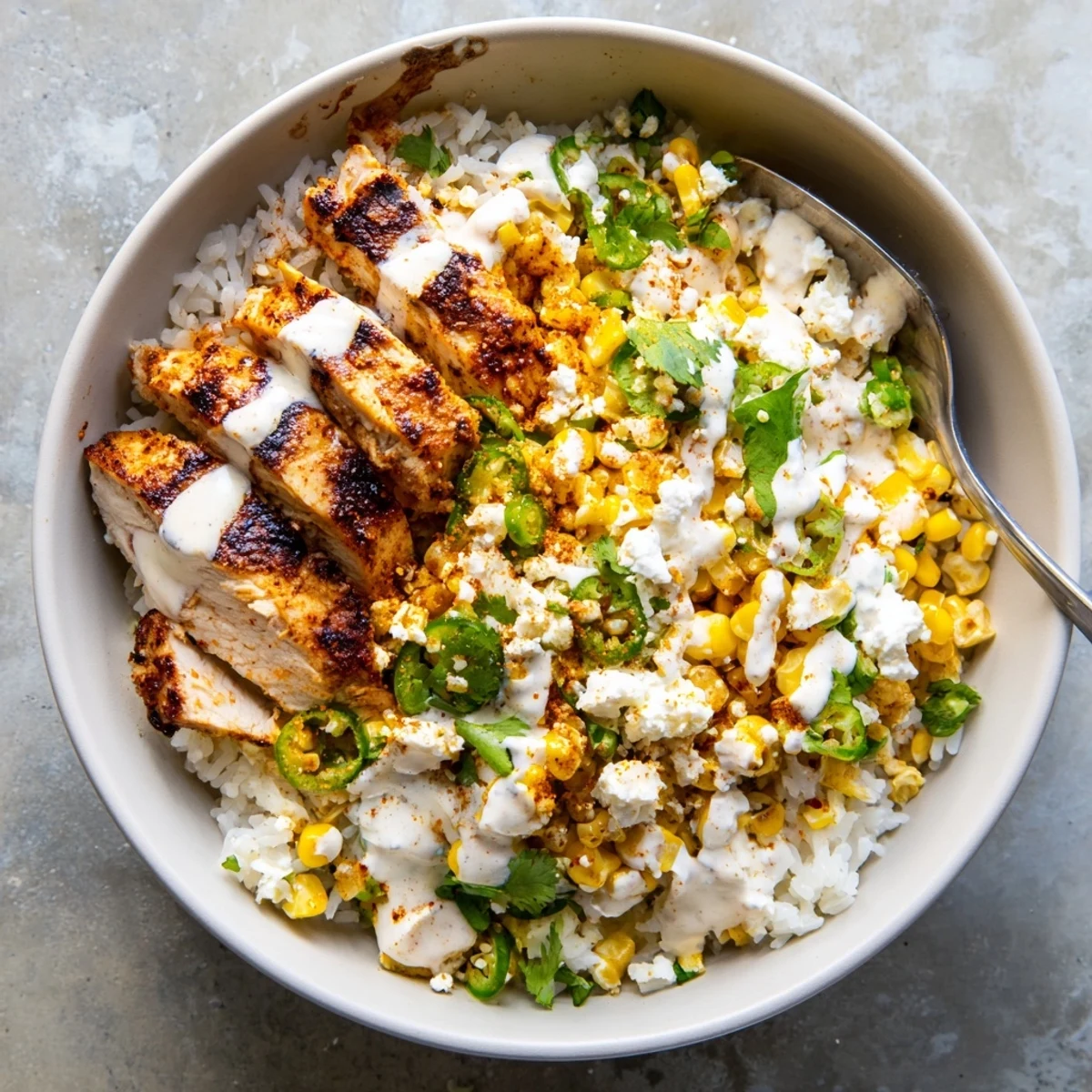 Juicy sliced chicken over rice in a street corn chicken rice bowl drizzled with creamy sauce.