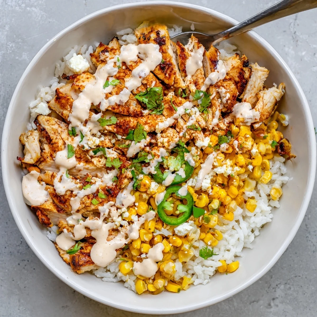Charred corn and crumbled cotija top this street corn chicken rice bowl served with lime wedges.