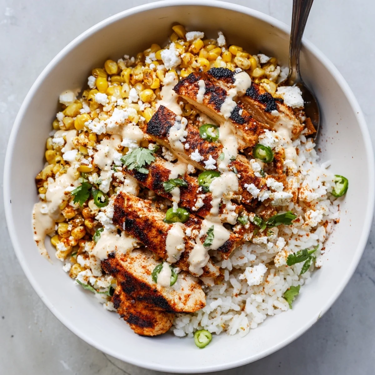 A golden street corn chicken rice bowl garnished with cilantro and tangy white sauce.