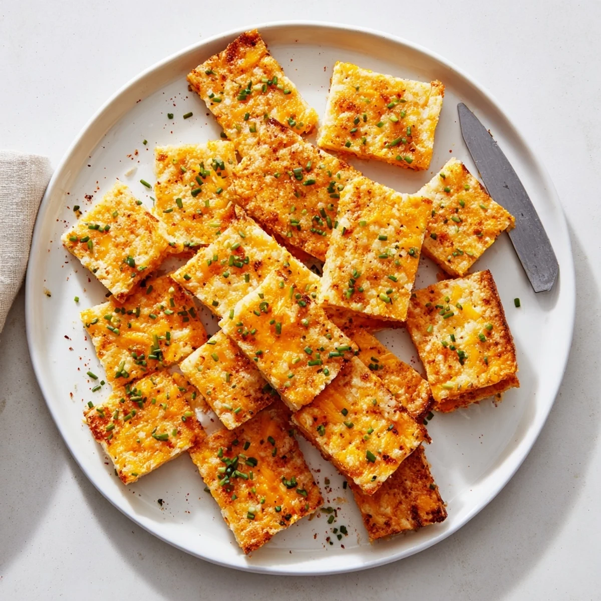 Crispy cheddar and chive snack bites served warm on a rustic party platter