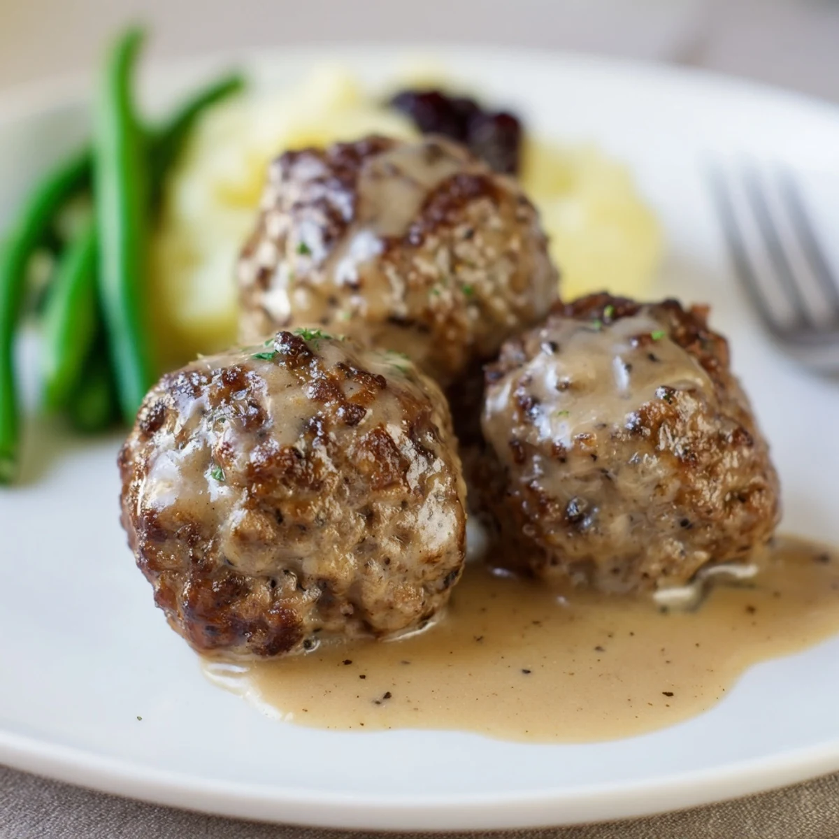 Homemade Ikea Meatballs simmering in creamy gravy, served over mashed potatoes
