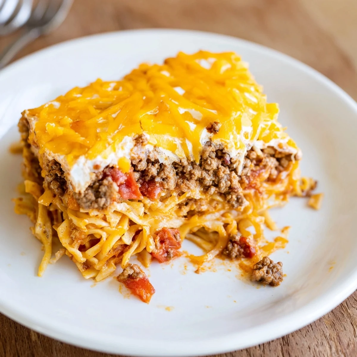 Beef Lombardi Casserole bubbling golden, cheddar crust and tomato scented beef filling