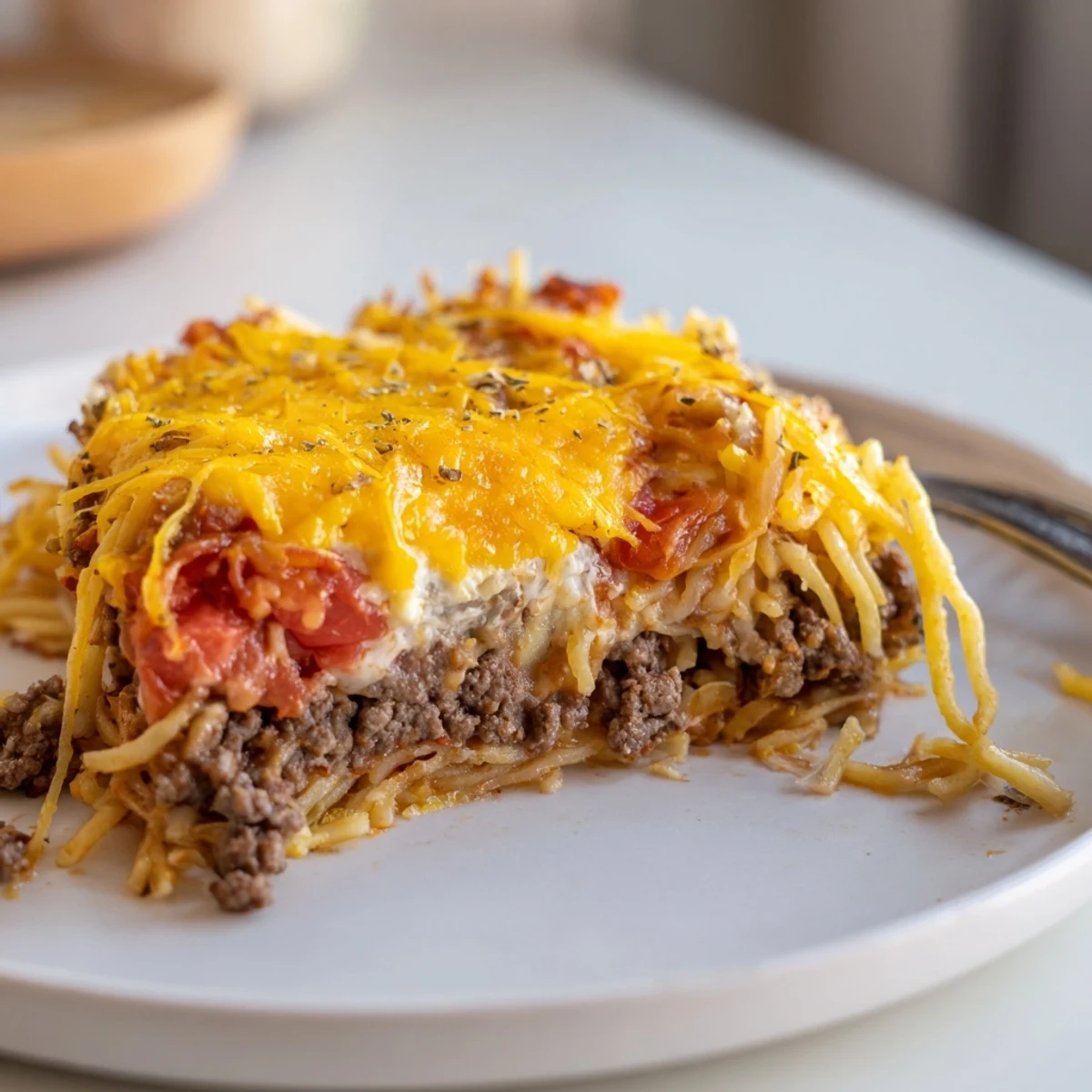 Warm Beef Lombardi Casserole layered with creamy cottage cheese, noodles, herbs