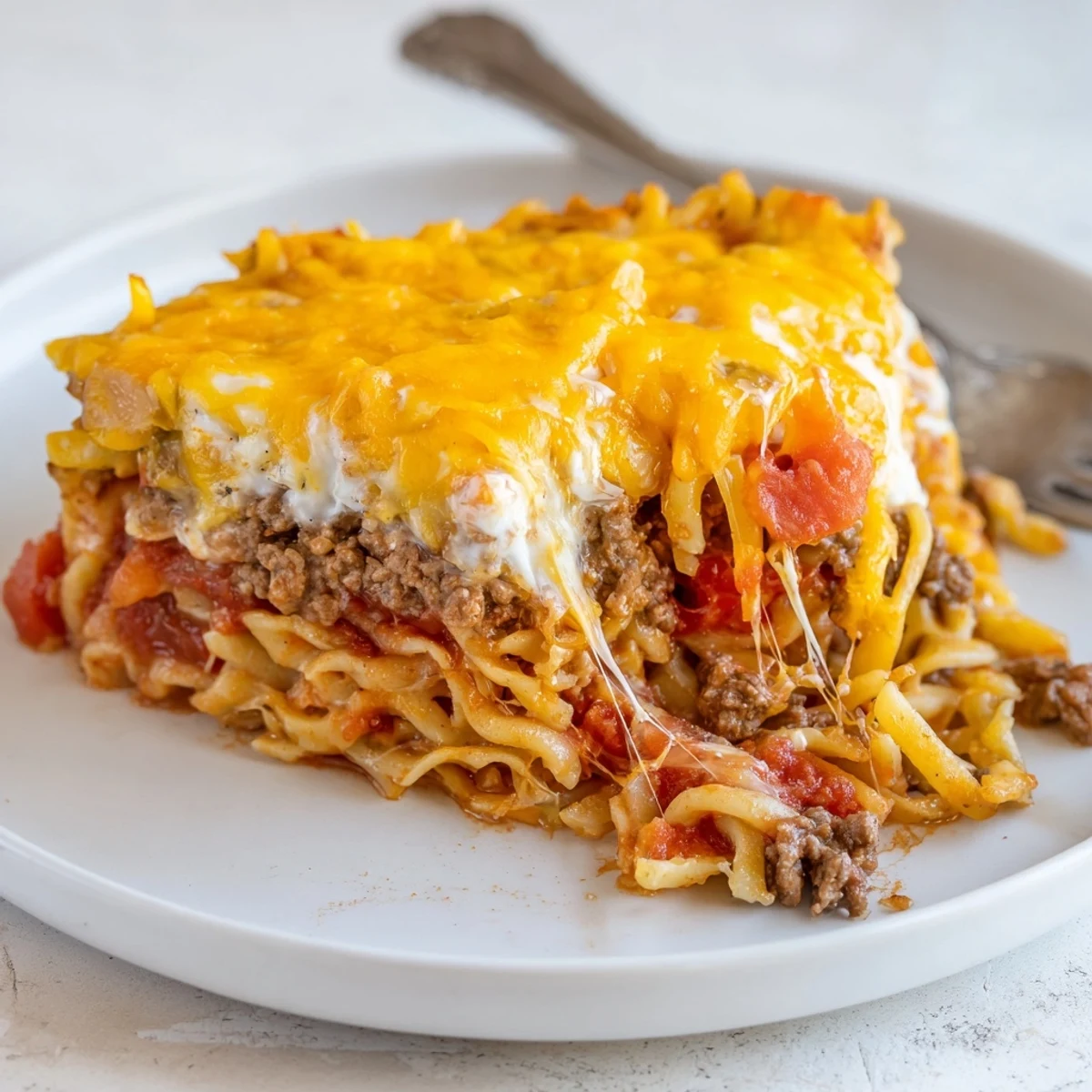 Slice of Beef Lombardi Casserole on plate beside salad and crusty bread