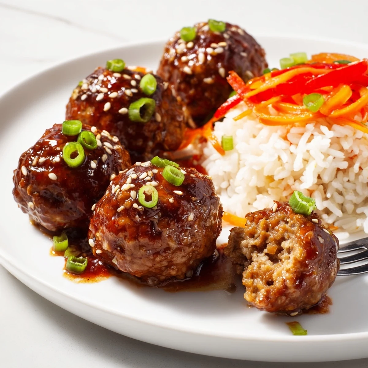 Hello Fresh Firecracker Meatballs glazed in sticky red sauce over jasmine rice