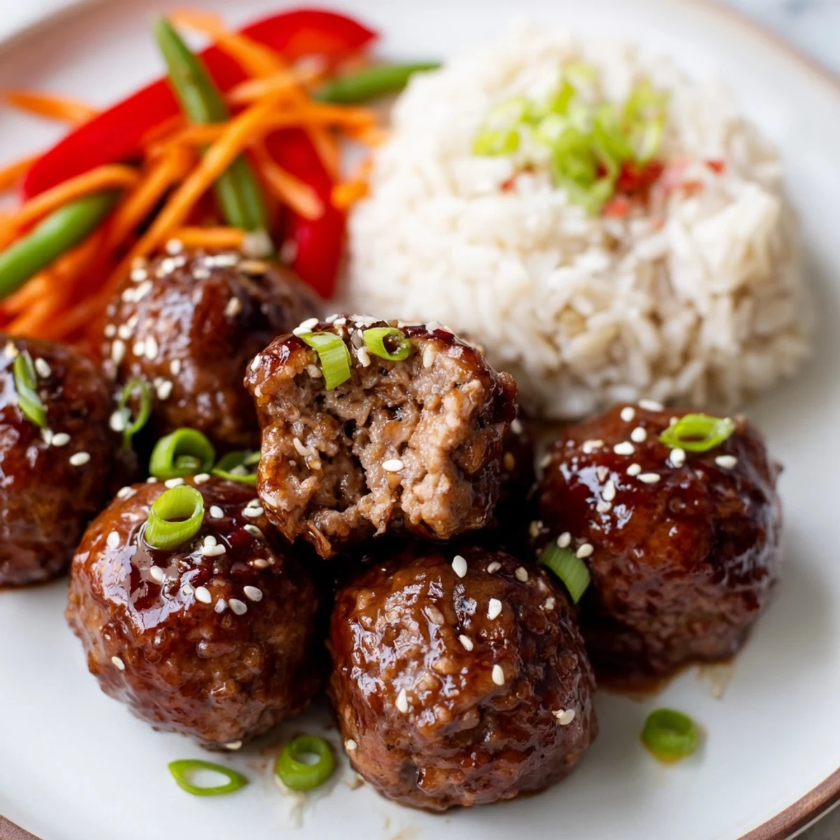 Spicy Hello Fresh Firecracker Meatballs nestled beside crisp sautéed vegetables and sesame