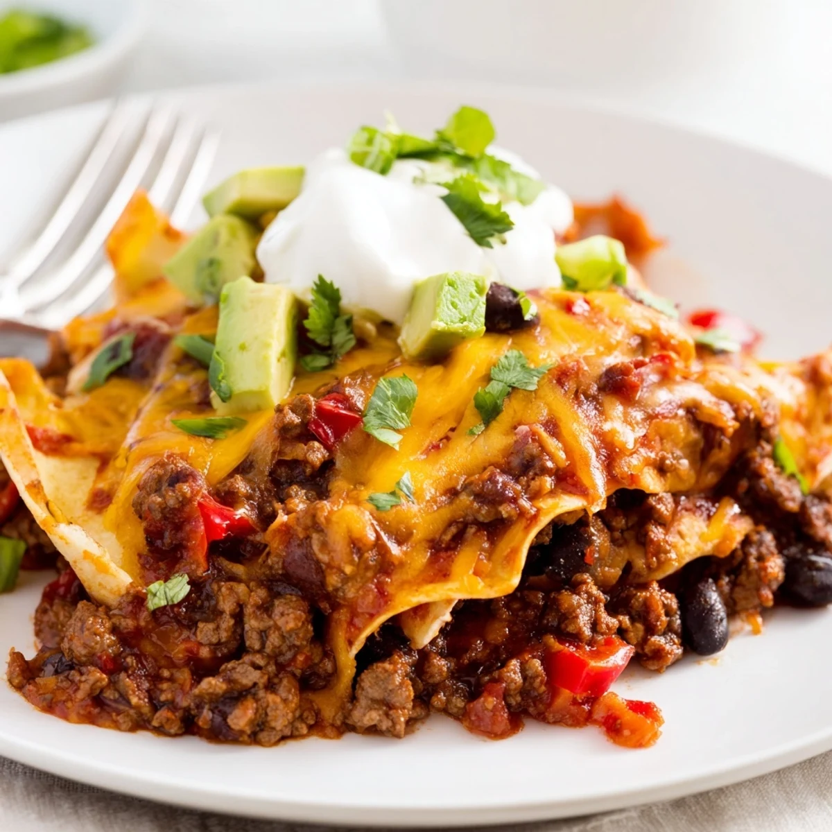 Beef Skillet Enchiladas bubbling with melted cheese and fresh cilantro