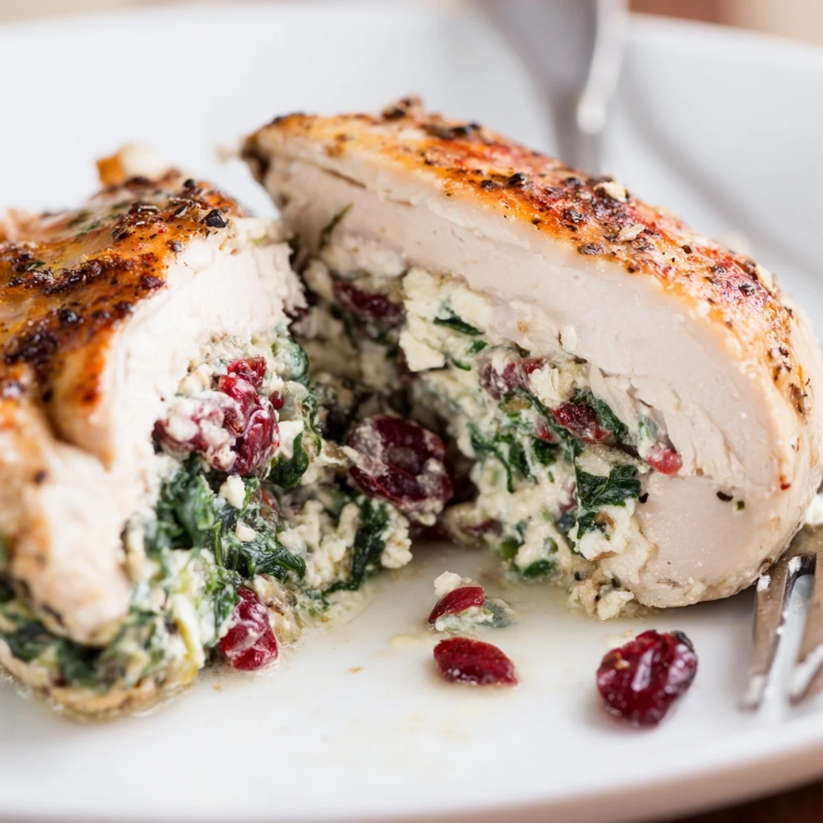 Cranberry Spinach Stuffed Chicken Breasts sliced, juicy filling glistening, served with roasted vegetables